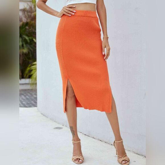 Orange Ribbed Knit Midi Skirt Side Slit Sexy Summer Spring Baddie Ribknit XL - Picture 1 of 12